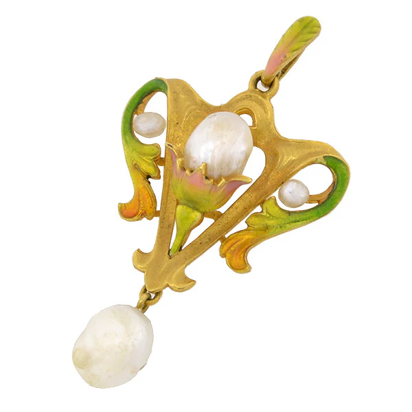 Art Nouveau 14kt Natural Pearl & Enamel Lavalier Pendant - Image 3