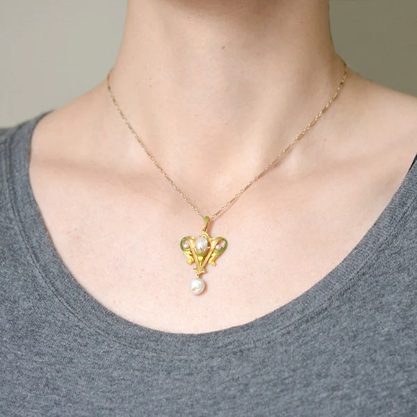 Art Nouveau 14kt Natural Pearl & Enamel Lavalier Pendant - Image 6
