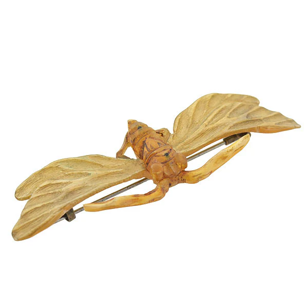 Art Nouveau French Carved Horn Winged Insect Pin - Image 3