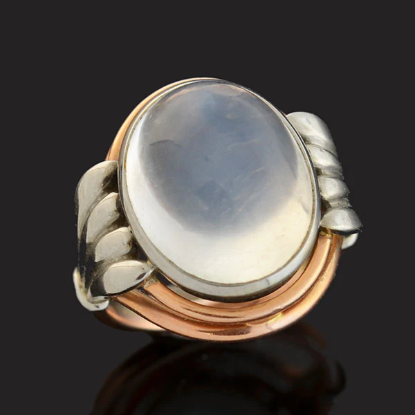 Art Nouveau Platinum + 14kt Mixed Metals Moonstone Ring - Image 5