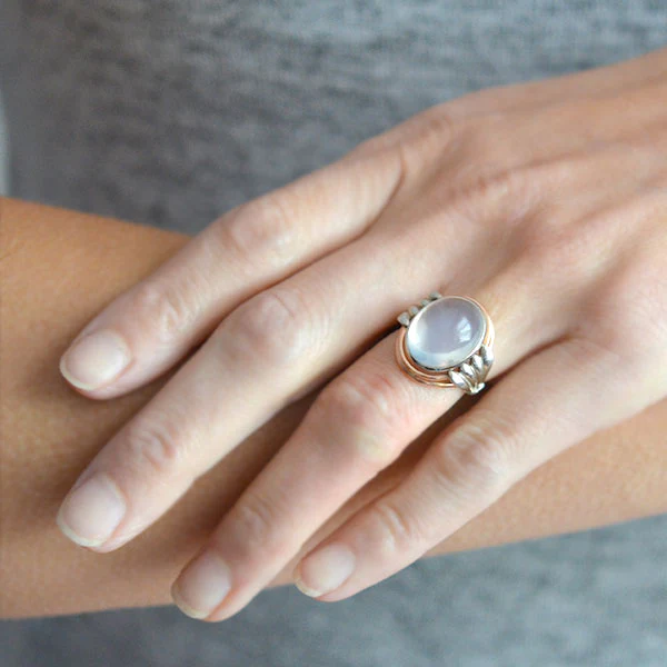 Art Nouveau Platinum + 14kt Mixed Metals Moonstone Ring - Image 7