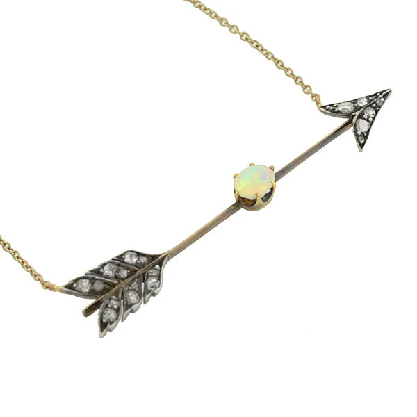 Art Nouveau Sterling 14kt Diamond & Opal Arrow Necklace - Image 3