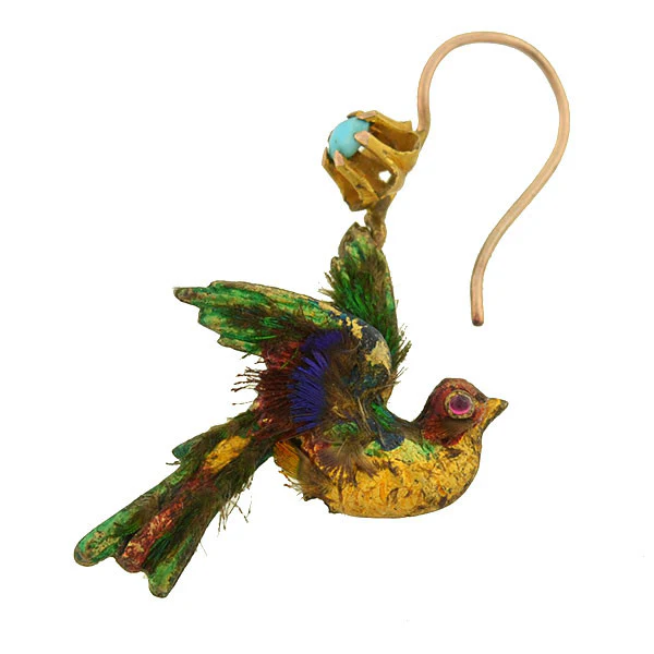 Rare Victorian 15kt Enamel & Genuine Feather Bird Earrings - Image 3