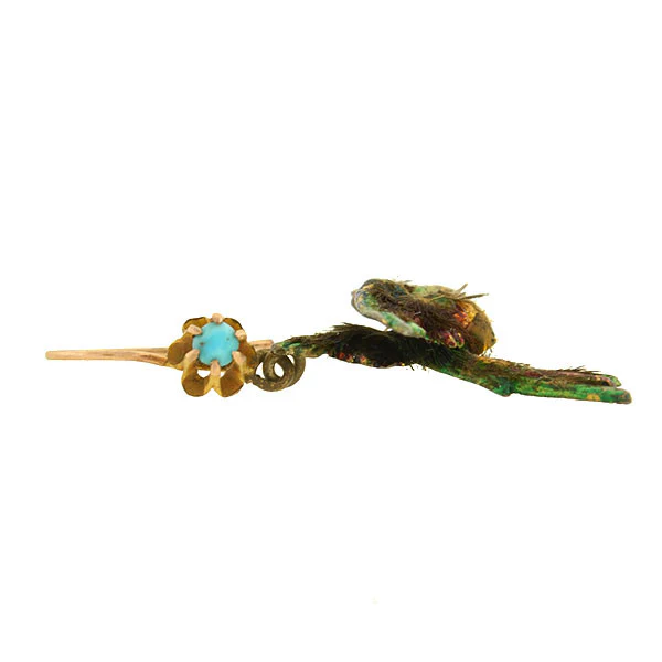 Rare Victorian 15kt Enamel & Genuine Feather Bird Earrings - Image 4