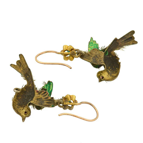 Rare Victorian 15kt Enamel & Genuine Feather Bird Earrings - Image 5