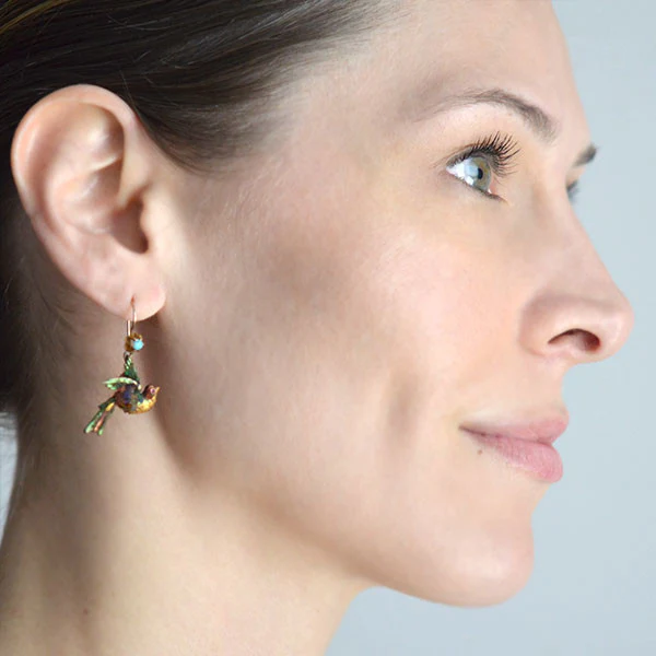 Rare Victorian 15kt Enamel & Genuine Feather Bird Earrings - Image 6
