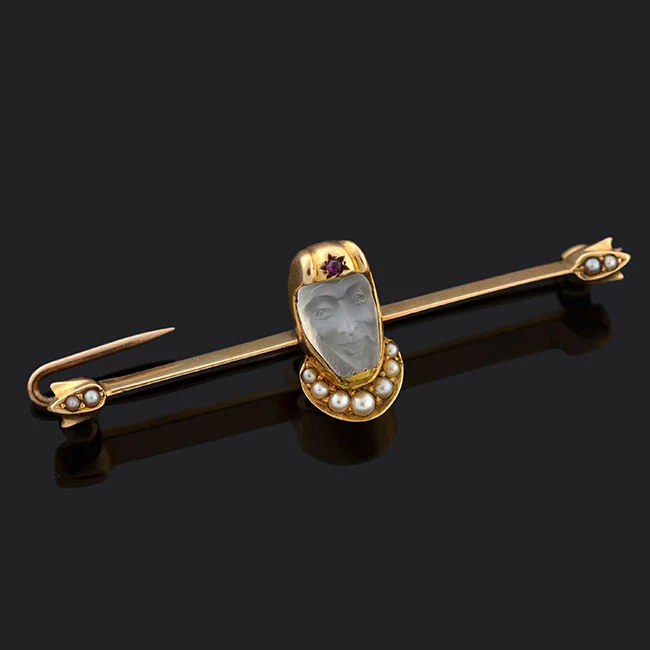 Victorian 14kt Carved Moonstone & Pearl Medieval Knight Pin - Image 2