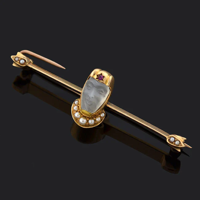 Victorian 14kt Carved Moonstone & Pearl Medieval Knight Pin - Image 3