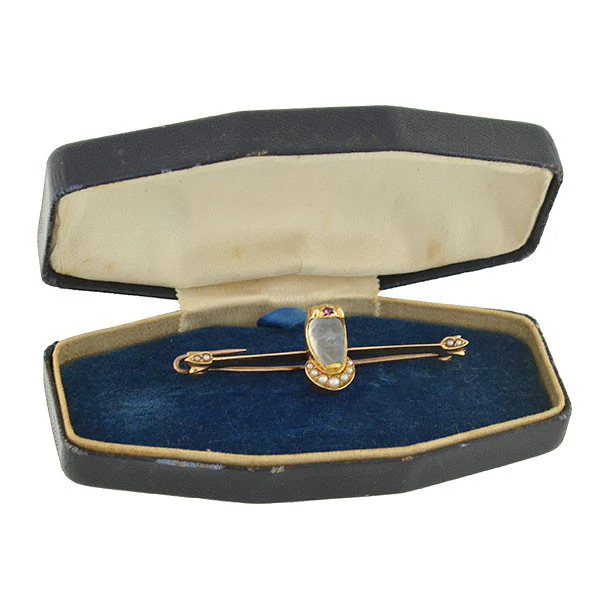 Victorian 14kt Carved Moonstone & Pearl Medieval Knight Pin - Image 6