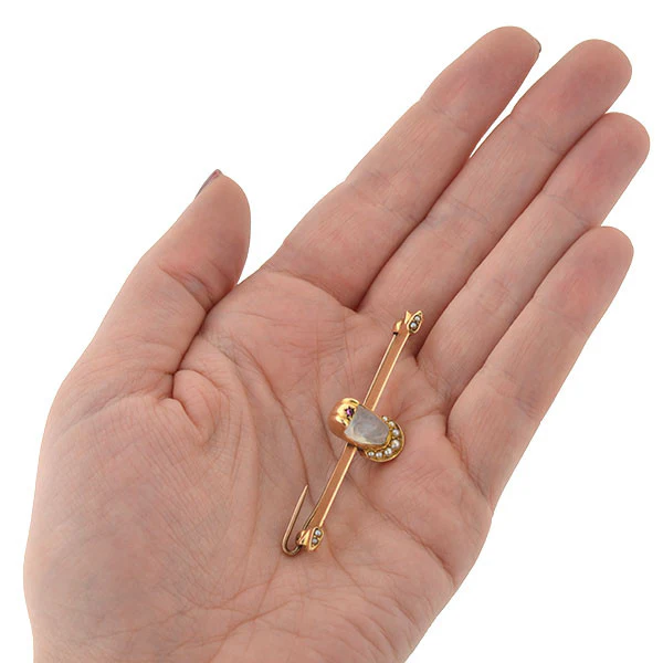Victorian 14kt Carved Moonstone & Pearl Medieval Knight Pin - Image 7