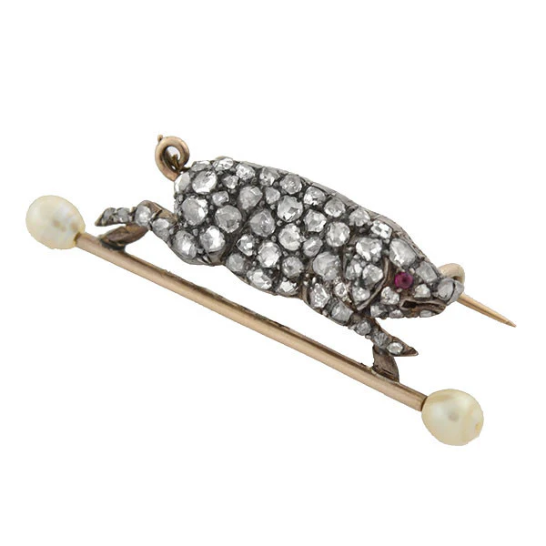 Victorian 14kt & Silver Diamond & Pearl Potbelly Pig Pin .65ctw - Image 3
