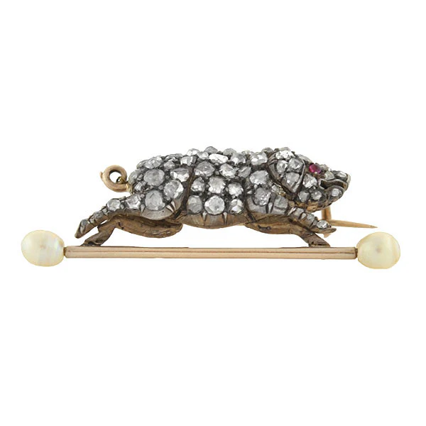 Victorian 14kt & Silver Diamond & Pearl Potbelly Pig Pin .65ctw - Image 4