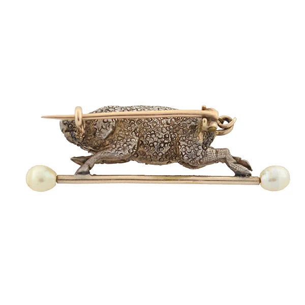 Victorian 14kt & Silver Diamond & Pearl Potbelly Pig Pin .65ctw - Image 5