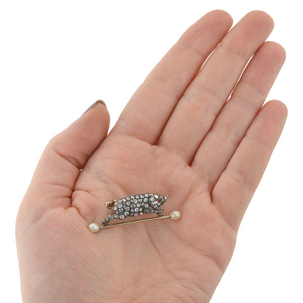 Victorian 14kt & Silver Diamond & Pearl Potbelly Pig Pin .65ctw - Image 6