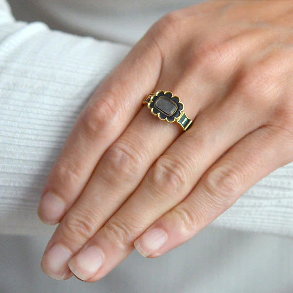 Early Victorian English 18kt Enamel & Woven Hair Mourning Ring - Image 10