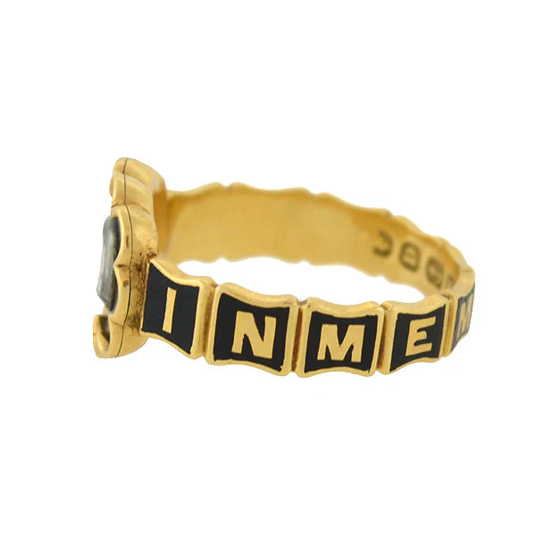 Early Victorian English 18kt Enamel & Woven Hair Mourning Ring - Image 2