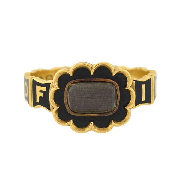 Early Victorian English 18kt Enamel & Woven Hair Mourning Ring - Image 5