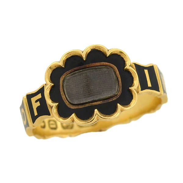 Early Victorian English 18kt Enamel & Woven Hair Mourning Ring - Image 8