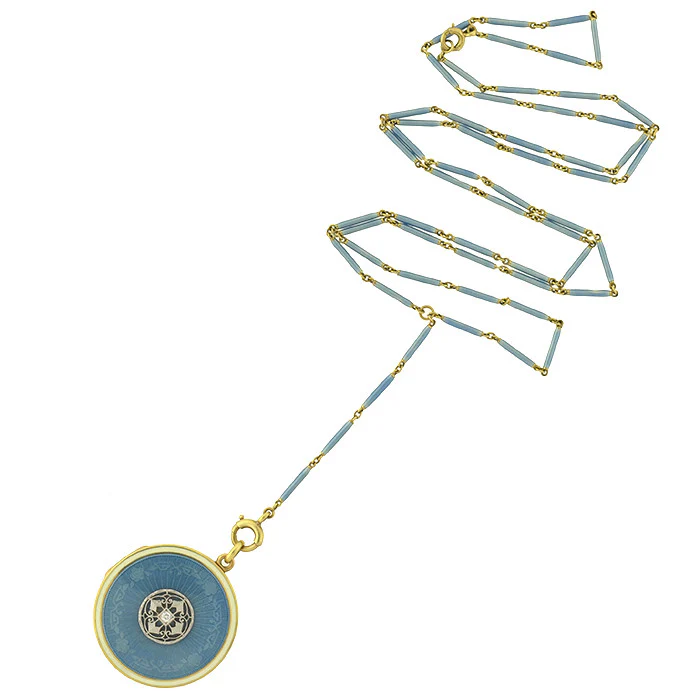 Edwardian 14kt Blue Guilloché Enamel Locket & Chain - Image 2