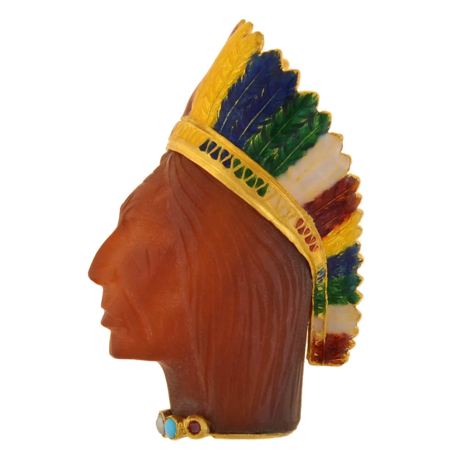 Edwardian French 18kt Carnelian, Enamel + Gemstone Native American Chief Pendant - Image 2