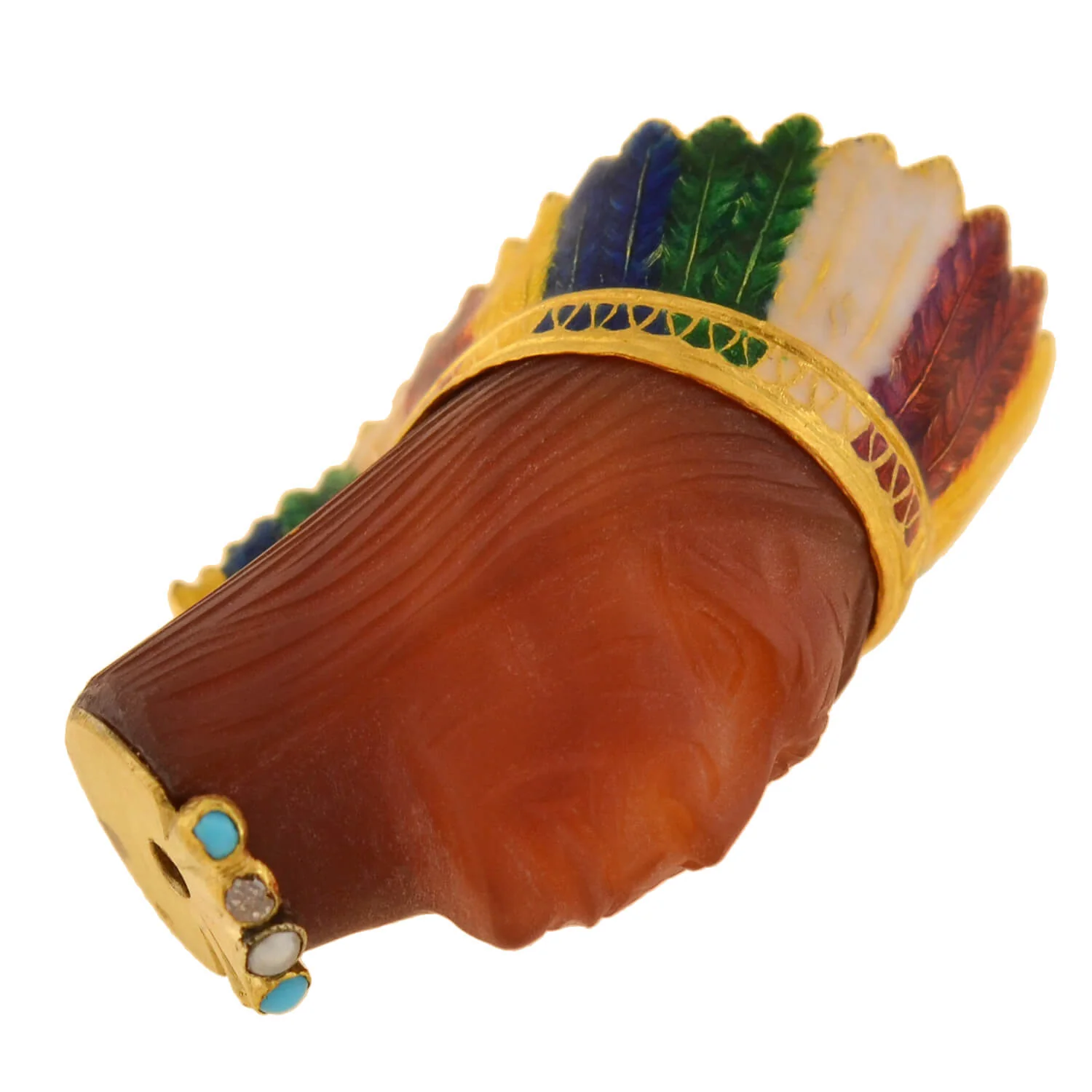 Edwardian French 18kt Carnelian, Enamel + Gemstone Native American Chief Pendant - Image 4