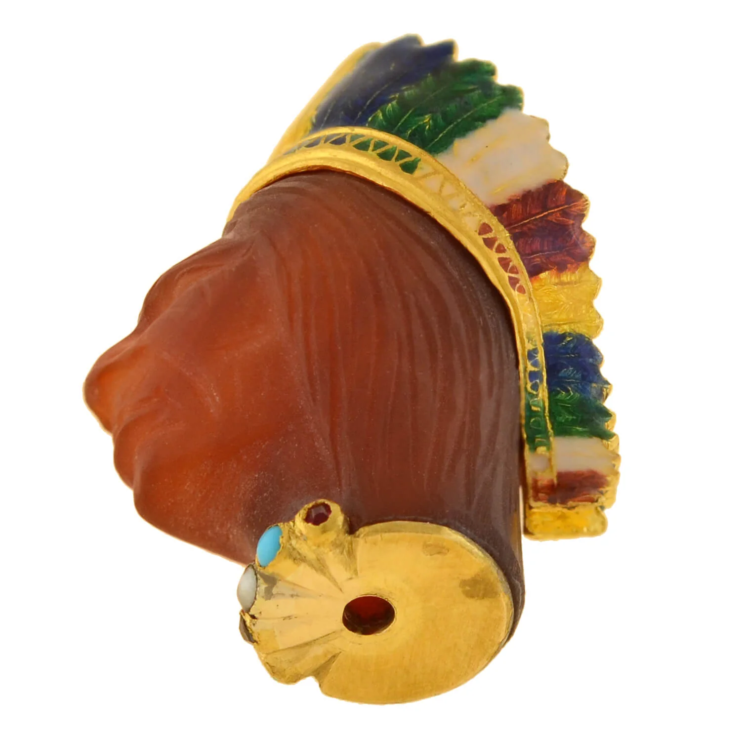 Edwardian French 18kt Carnelian, Enamel + Gemstone Native American Chief Pendant - Image 5