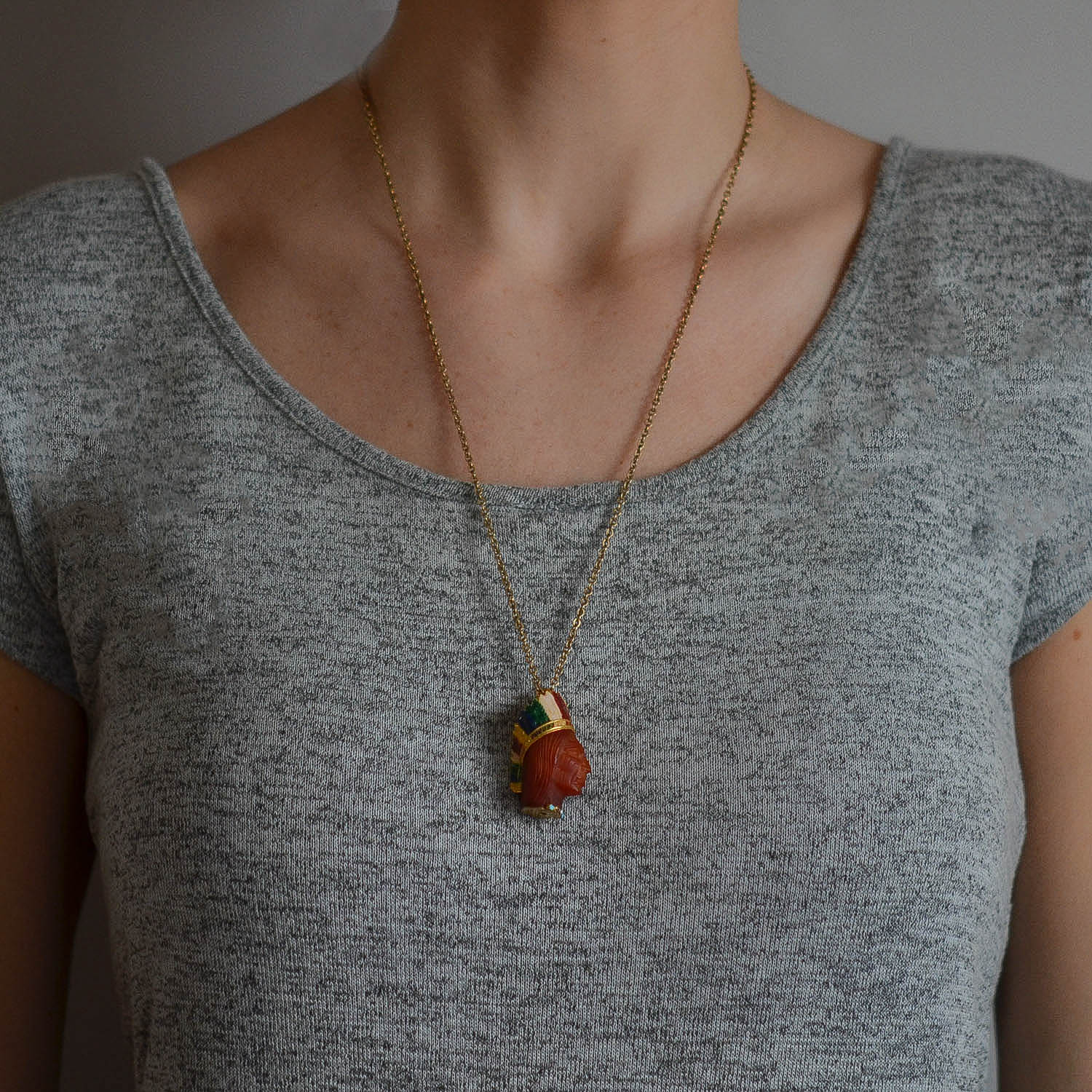 Edwardian French 18kt Carnelian, Enamel + Gemstone Native American Chief Pendant - Image 8