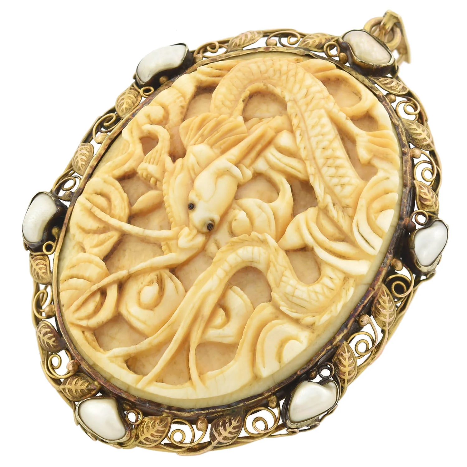 Arts & Crafts Large 14kt Carved Ivory + Freshwater Pearl Mythical Creature Pin/Pendant - Image 2