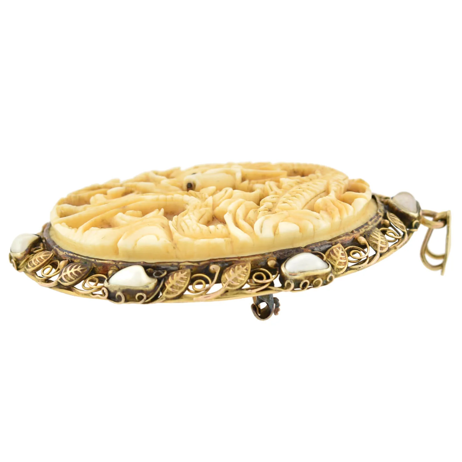 Arts & Crafts Large 14kt Carved Ivory + Freshwater Pearl Mythical Creature Pin/Pendant - Image 3