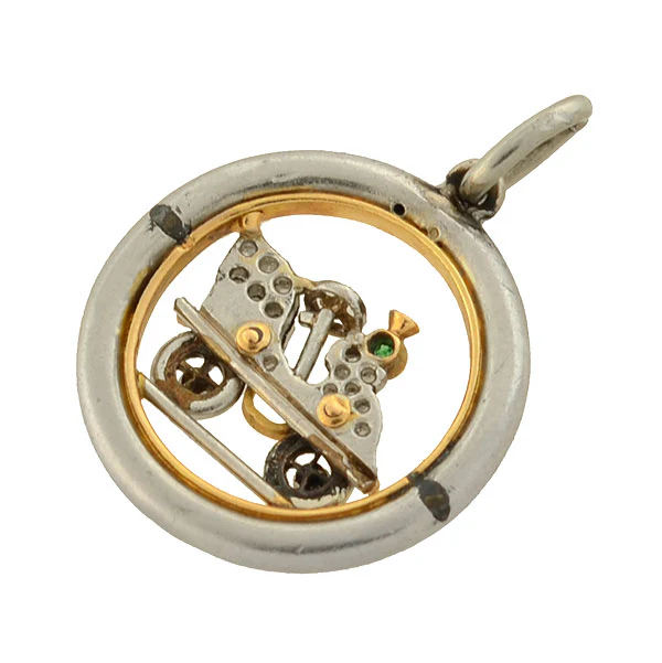 Edwardian Platinum/14kt Diamond Emerald Old Fashioned Car Charm Pendant - Image 3