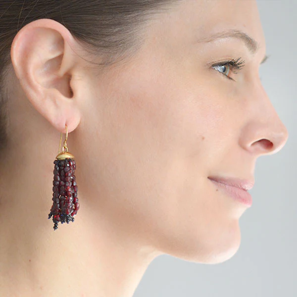 Estate 18kt Beaded Garnet Tassel Earrings - Image 6