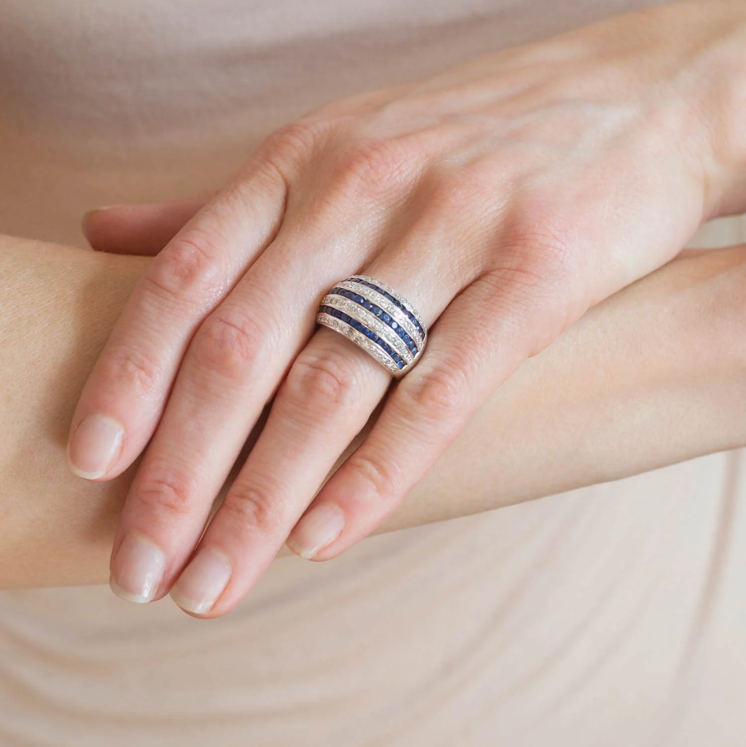 Estate 18kt Diamond + Sapphire Striped Dome Ring - Image 7
