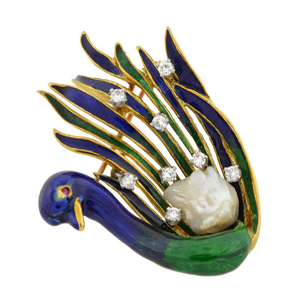 LA TRIOMPHE Vintage 18kt Diamond & Pearl Enameled Swan Pin - Image 2