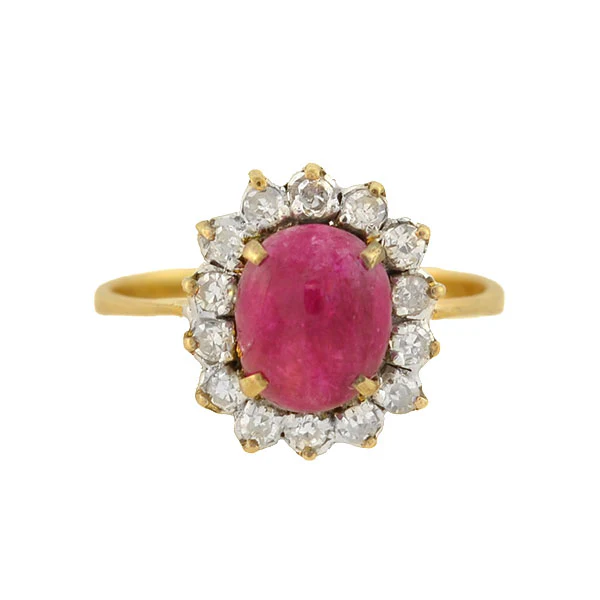 Late Art Deco 14kt 1ctw Ruby Cabochon Diamond Cluster Ring - Image 3