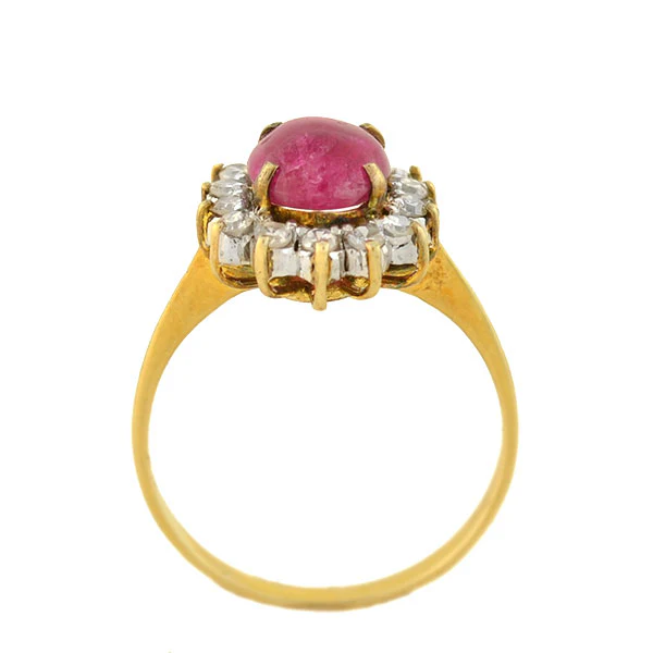 Late Art Deco 14kt 1ctw Ruby Cabochon Diamond Cluster Ring - Image 4