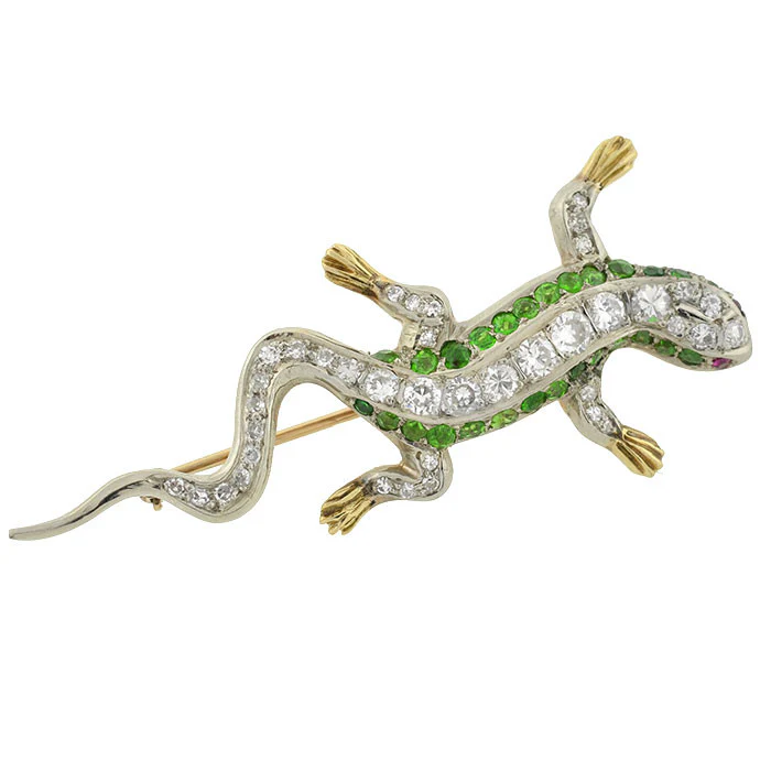 Edwardian 14kt/Platinum Diamond & Demantoid Garnet Lizard Pin - Image 2