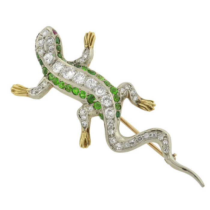 Edwardian 14kt/Platinum Diamond & Demantoid Garnet Lizard Pin - Image 3