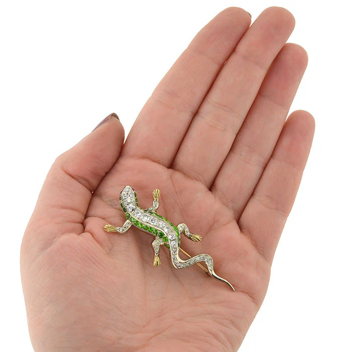 Edwardian 14kt/Platinum Diamond & Demantoid Garnet Lizard Pin - Image 6