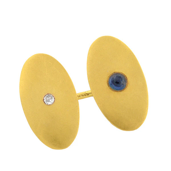Late Victorian 14kt Sapphire Cabochon & Diamond Cufflinks - Image 2