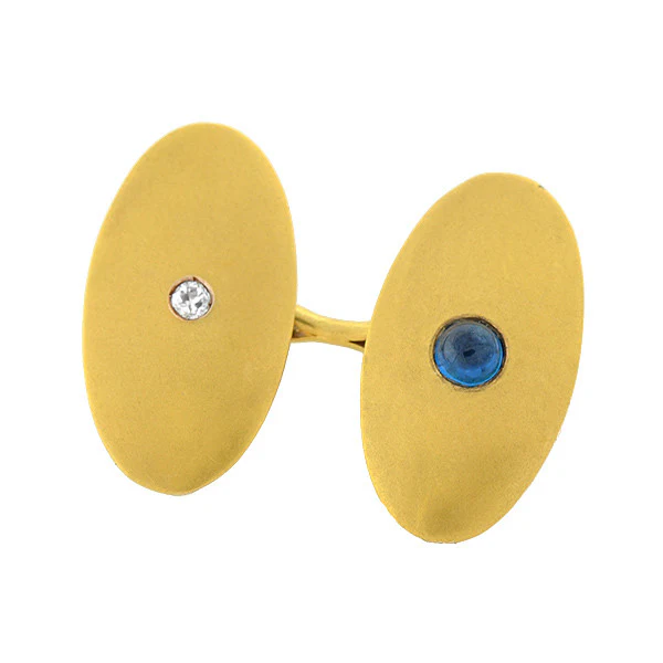 Late Victorian 14kt Sapphire Cabochon & Diamond Cufflinks - Image 3