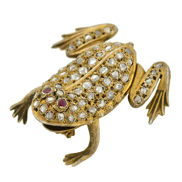 Late Victorian Silver Gilt Rose Cut Diamond & Ruby Frog Pin - Image 2