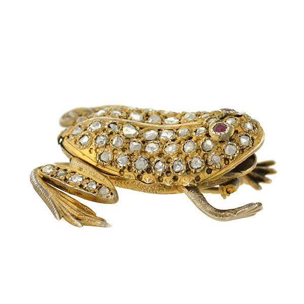 Late Victorian Silver Gilt Rose Cut Diamond & Ruby Frog Pin - Image 3