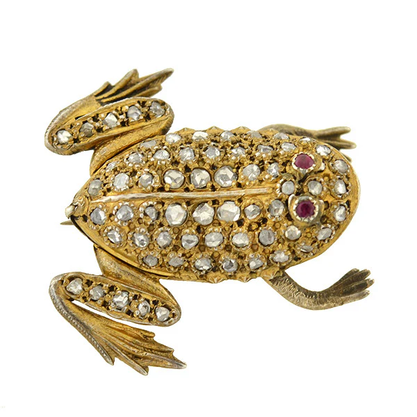 Late Victorian Silver Gilt Rose Cut Diamond & Ruby Frog Pin - Image 4