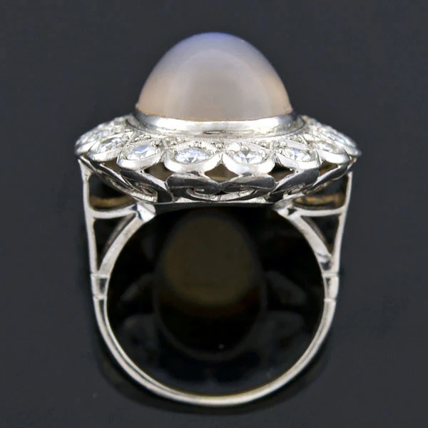 Victorian Revival Retro 14kt Large Moonstone Diamond Cluster Ring - Image 3