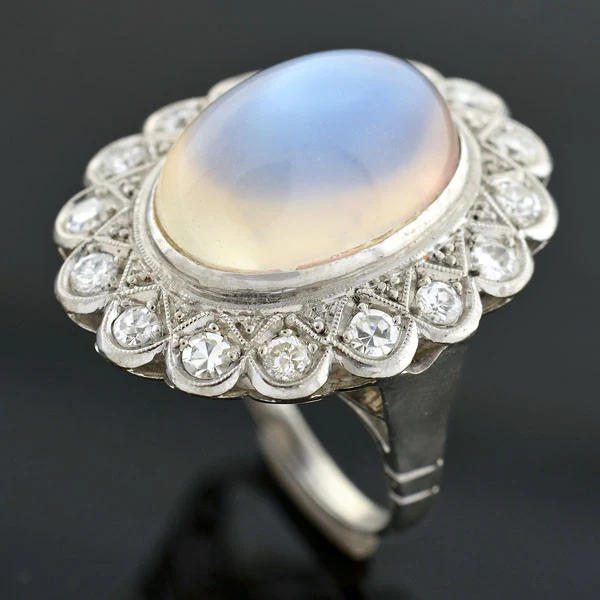 Victorian Revival Retro 14kt Large Moonstone Diamond Cluster Ring - Image 4
