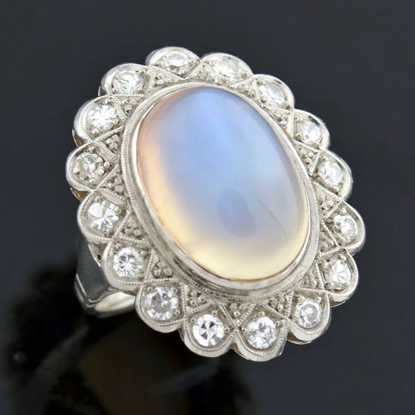 Victorian Revival Retro 14kt Large Moonstone Diamond Cluster Ring - Image 5