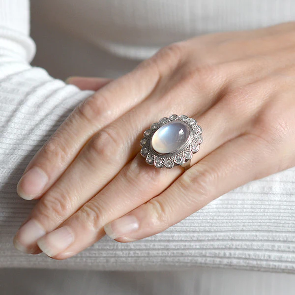 Victorian Revival Retro 14kt Large Moonstone Diamond Cluster Ring - Image 7