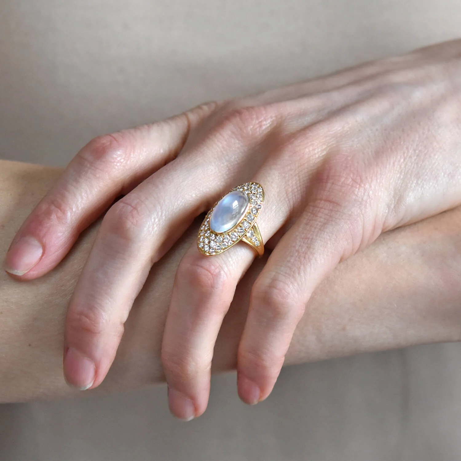 Retro Large 18kt Moonstone + Pavé Set Diamond Navette Ring - Image 7