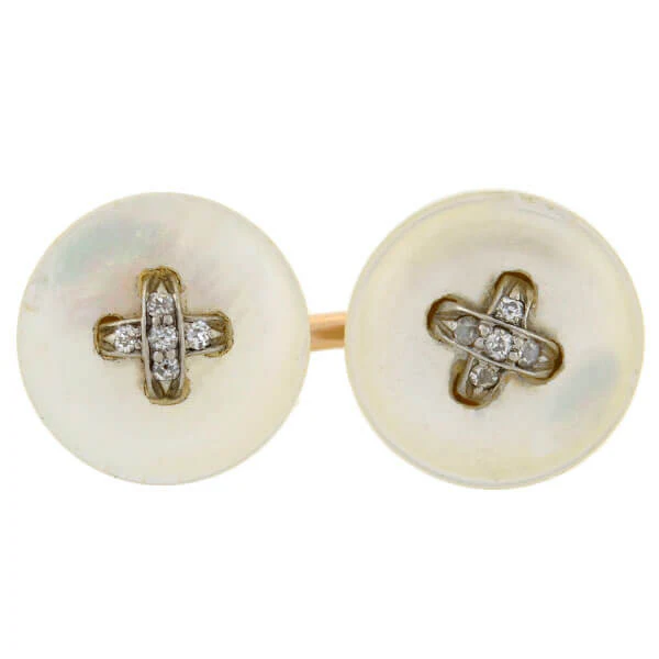 Victorian 14kt Mother of Pearl Diamond Button Cufflinks - Image 2