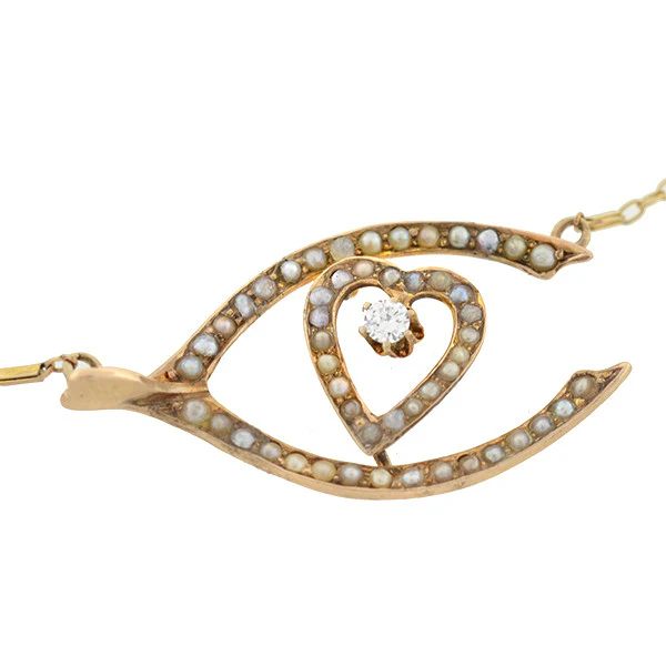 Victorian 14kt Pearl & Diamond Wishbone & Heart Necklace - Image 3